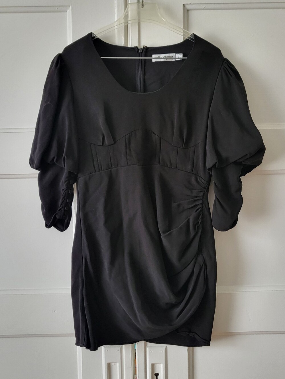 Self-Portrait Black Puffed Long Sleeve Cocktail Dress Size 10 Ruched Asymmetric